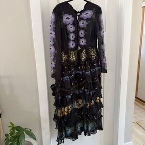 Farm Rio Black Winter Garden Ruffle Maxi Dress Long Sleeve Floral Print M NWT